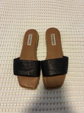 Steve Madden Black Leather Slide Sandals with Tan Footbed